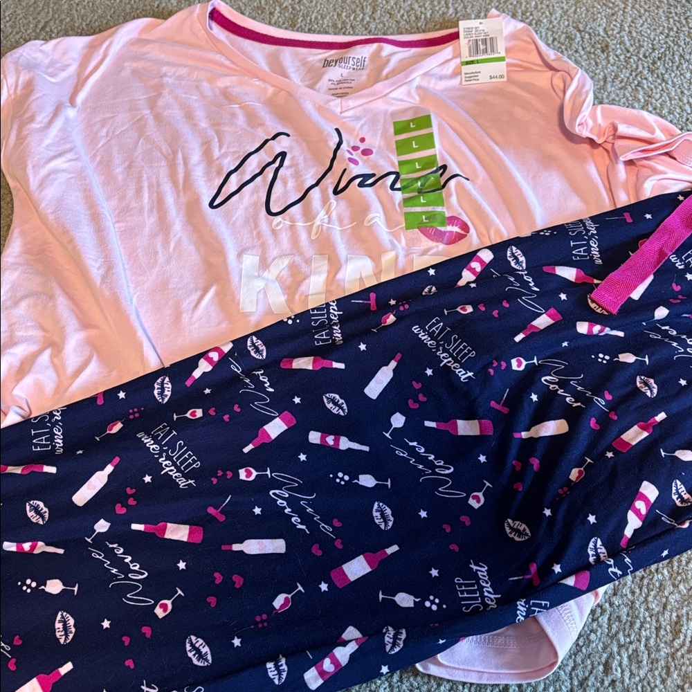 BE Yourself Sleepwear wine motif Pink and Navy Pajama Set